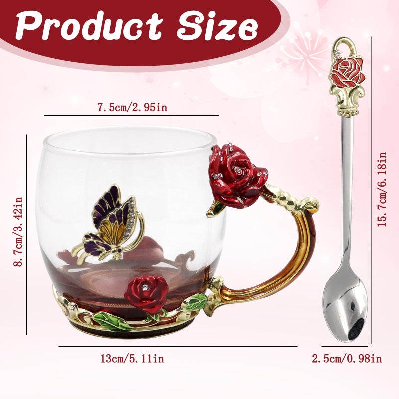 VANUODA Enamels Butterfly Flower Tea Cup, Glass Coffee Mugs with Spoon, Gifts for Birthday Valentines Mothers Day Graduation Christmas, Presents for Women Wife Mom Her Grandma Girls Teacher Friends - Image 2